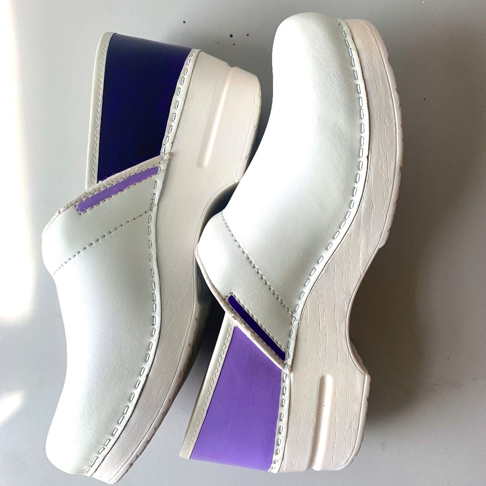 Hand Painted White Dansko Clogs, Purple Lavender Asymmetrical One of a kind Chic